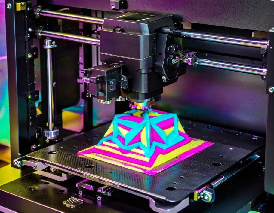 Stampante 3D al lavoro su un oggetto colorato